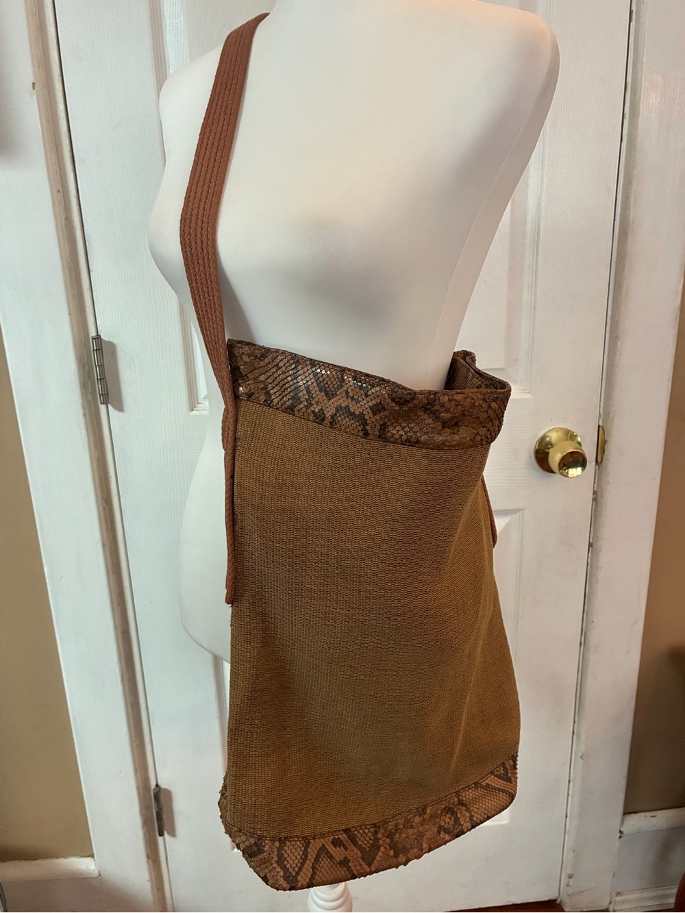Vintage Bottega Veneta Brown Woven Fabric Crossbody Bag Python Snakeskin Trim